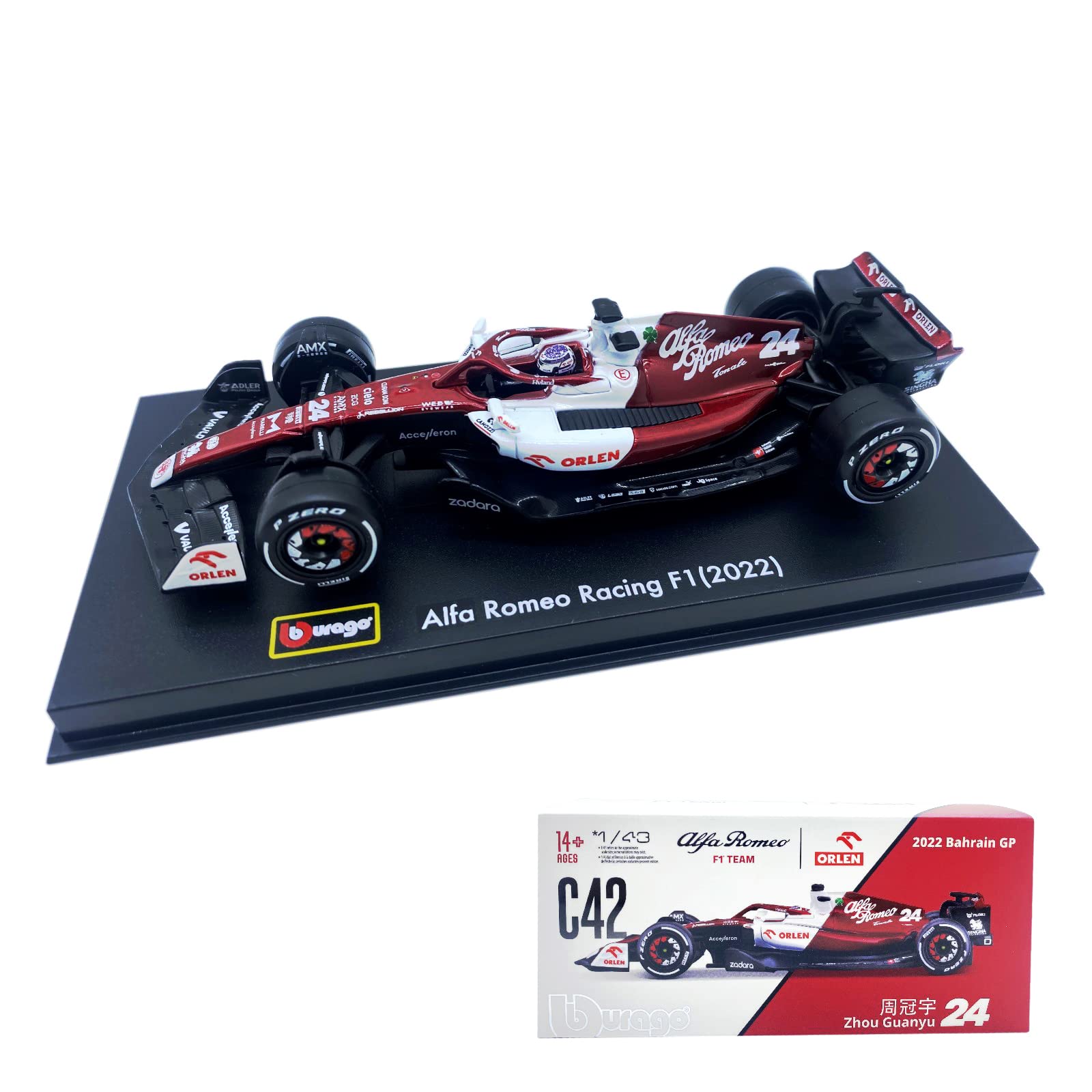 HTLNUZD Bburago 1:43 2022 F1Alfa C42 Champion #24 Guanyu Zhou 1/43 C42 #24 F1Romeo Racing Team Static Alloy Car Die Cast Model Collectible Gift (Hardcove F1 Alfa C42 #24)