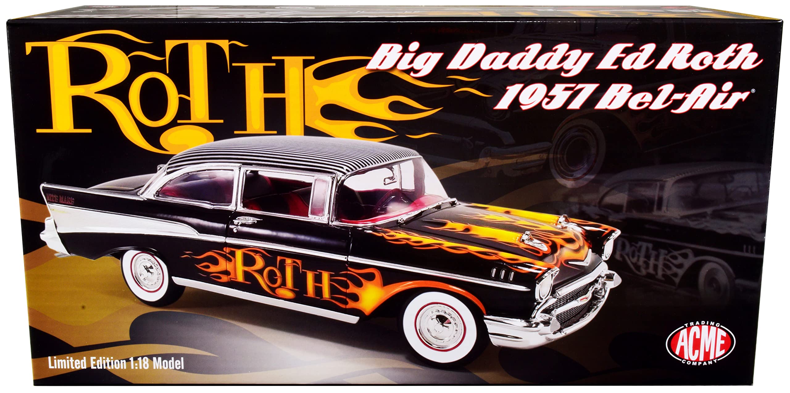 1957 Chevy Bel Air Black with Flames and Pinstripe Top Big Daddy Ed Roth LTD ED to 966 Pieces Worldwide 1/18 Diecast Model Car by Acme A1807014