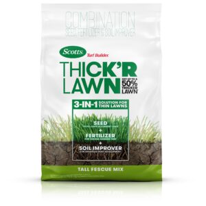 scotts turf builder thick'r lawn grass seed, fertilizer, and soil improver for tall fescue, 1,200 sq. ft., 12 lbs.