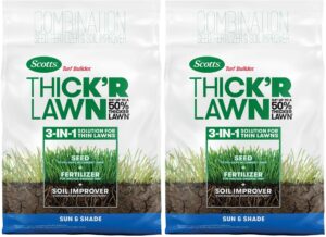 scotts turf builder thick'r lawn sun and shade, 12 lb. - 3-in-1 solution for thin lawns - combination seed, fertilizer and soil improver for a thicker 2 pack