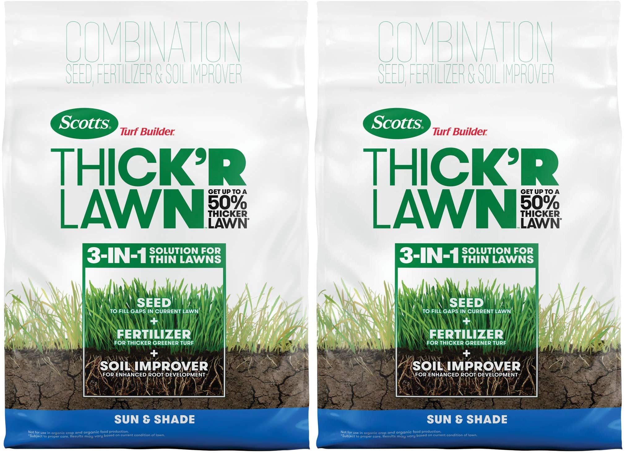 Scotts Turf Builder Thick'R Lawn Sun and Shade, 12 lb. - 3-in-1 Solution for Thin Lawns - Combination Seed, Fertilizer and Soil Improver for a Thicker 2 Pack