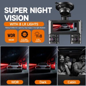 Hupejos 360 Dash Cam Front and Rear Inside, 4 Channel Dash Camera for Cars FHD 1080Px4, Built-in Wi-Fi, 3.16” IPS Screen, Voice Control, Night Vision, Free 64GB Card, 24H Parking Mode