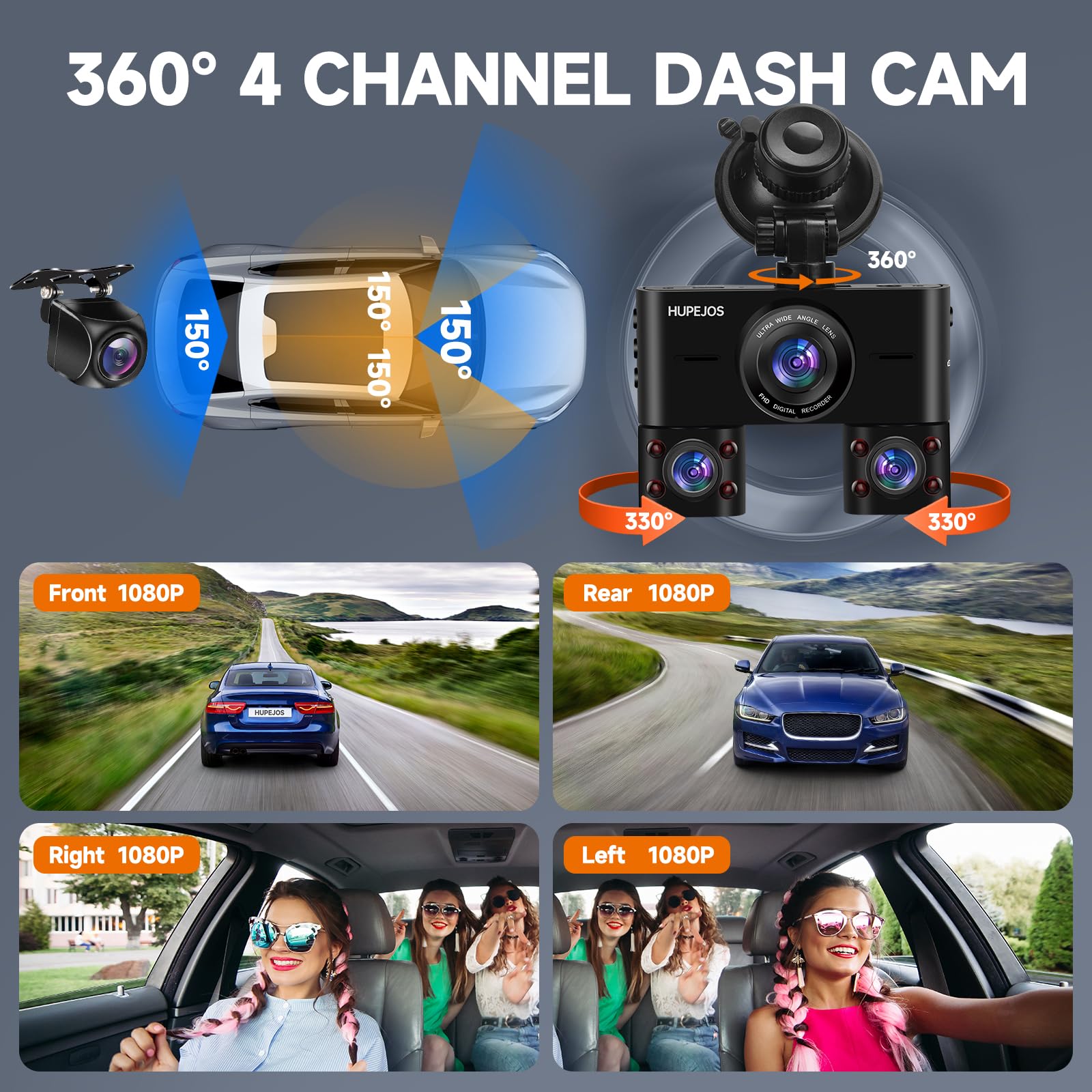 Hupejos 360 Dash Cam Front and Rear Inside, 4 Channel Dash Camera for Cars FHD 1080Px4, Built-in Wi-Fi, 3.16” IPS Screen, Voice Control, Night Vision, Free 64GB Card, 24H Parking Mode