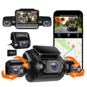 hupejos 4k dash cam, 4 channel dash camera 4k front+1080p*2 left right, 2k front +1080px3, built in gps 5ghz wifi, voice control, super night vision, free 128gb card, 24 hours parking mode,v80-4ch