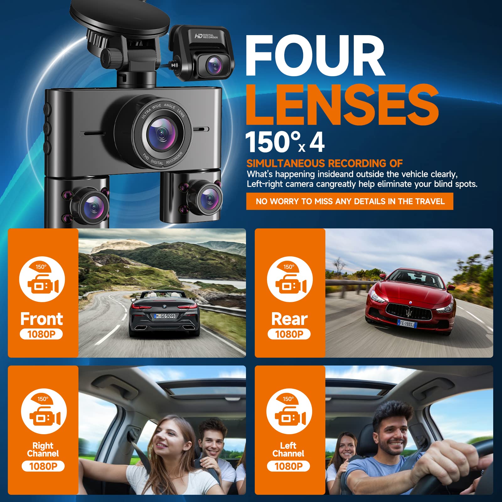 360° Dash Cam Front and Rear, 4 Channel FHD 4 * 1080P, Voice Control, CPL Filter, Car Camera with WiFi, Front 2K+1080P*2 Dash Camera for Cars, Free 128GB SD Card, Night Vision, 24H Parking Mode