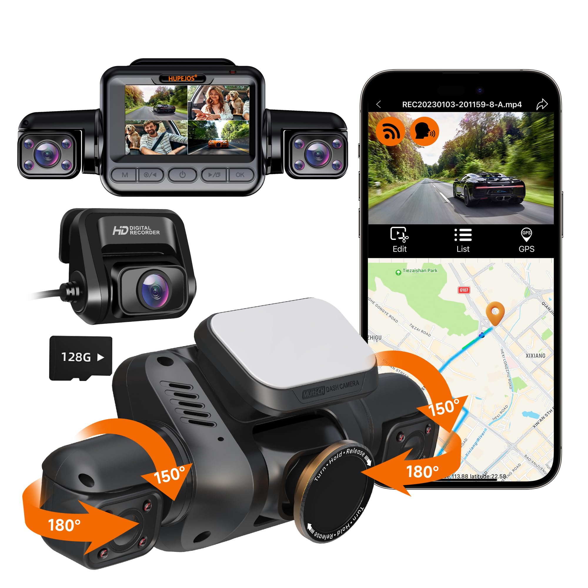 Hupejos 360° 4 Channel Dash Cam, 4K Front+1080P*2 Left Right, 3K Front +1080Px3, Built in GPS 5GHz WiFi, Voice Control, Super Night Vision, CPL Filter, Free 128GB Card, 24 Hours Parking Mode,V8-Plus