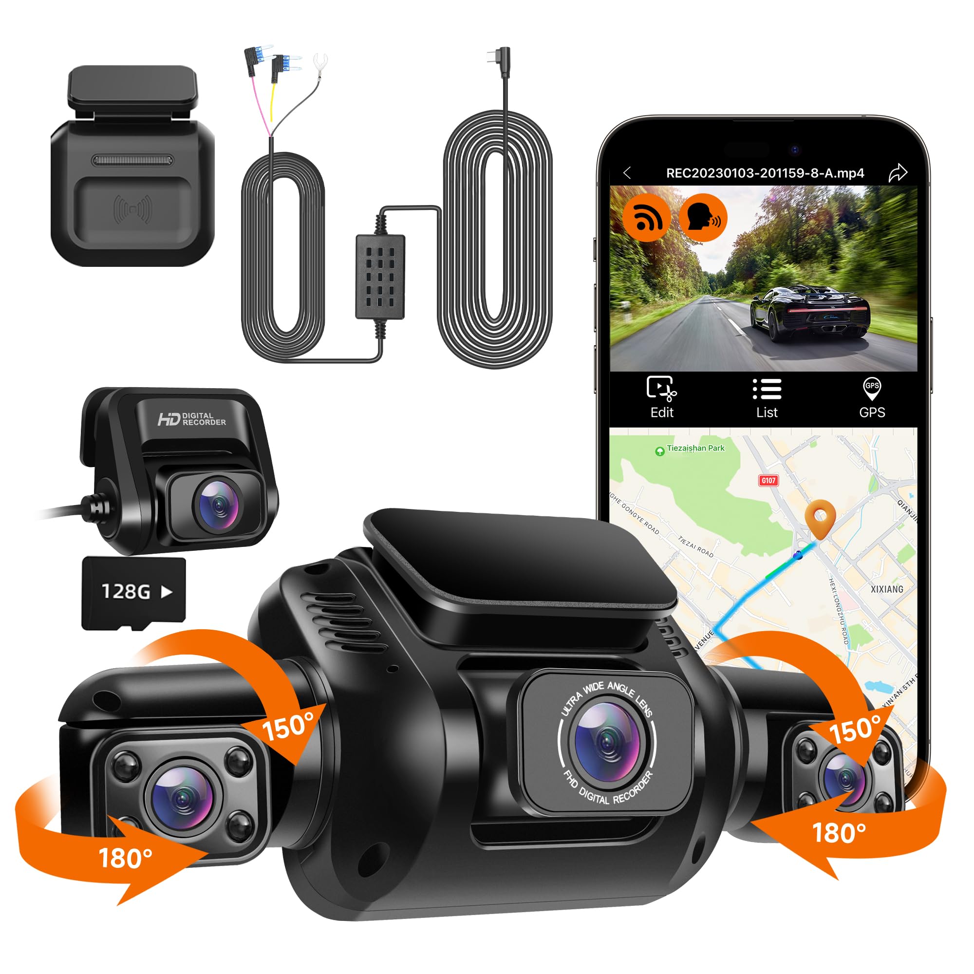 HUPEJOS V8 360°Dash Cam with Type-C Hardwire Kit with Radar Detection