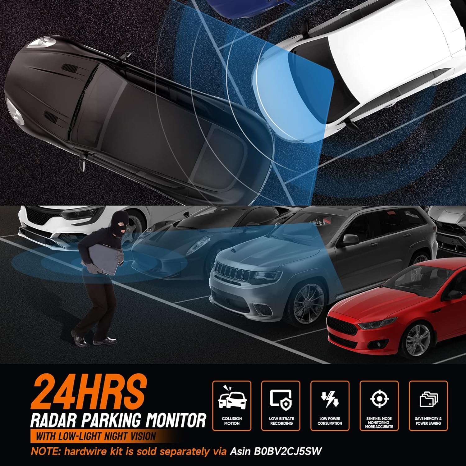 HUPEJOS V8 360°Dash Cam with Type-C Hardwire Kit with Radar Detection