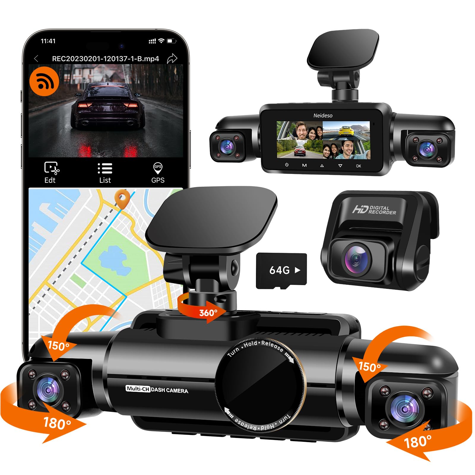 Neideso 360° Dash Cam Front, Rear and Inside, 4 Channel 3K+3*1080P, 5GHz Wi-Fi GPS, Voice Control, 4K+1080P*2 Dash Camera for Cars, CPL Filter, Free 64GB SD Card, Night Vision, 24H Parking Mode(N700)