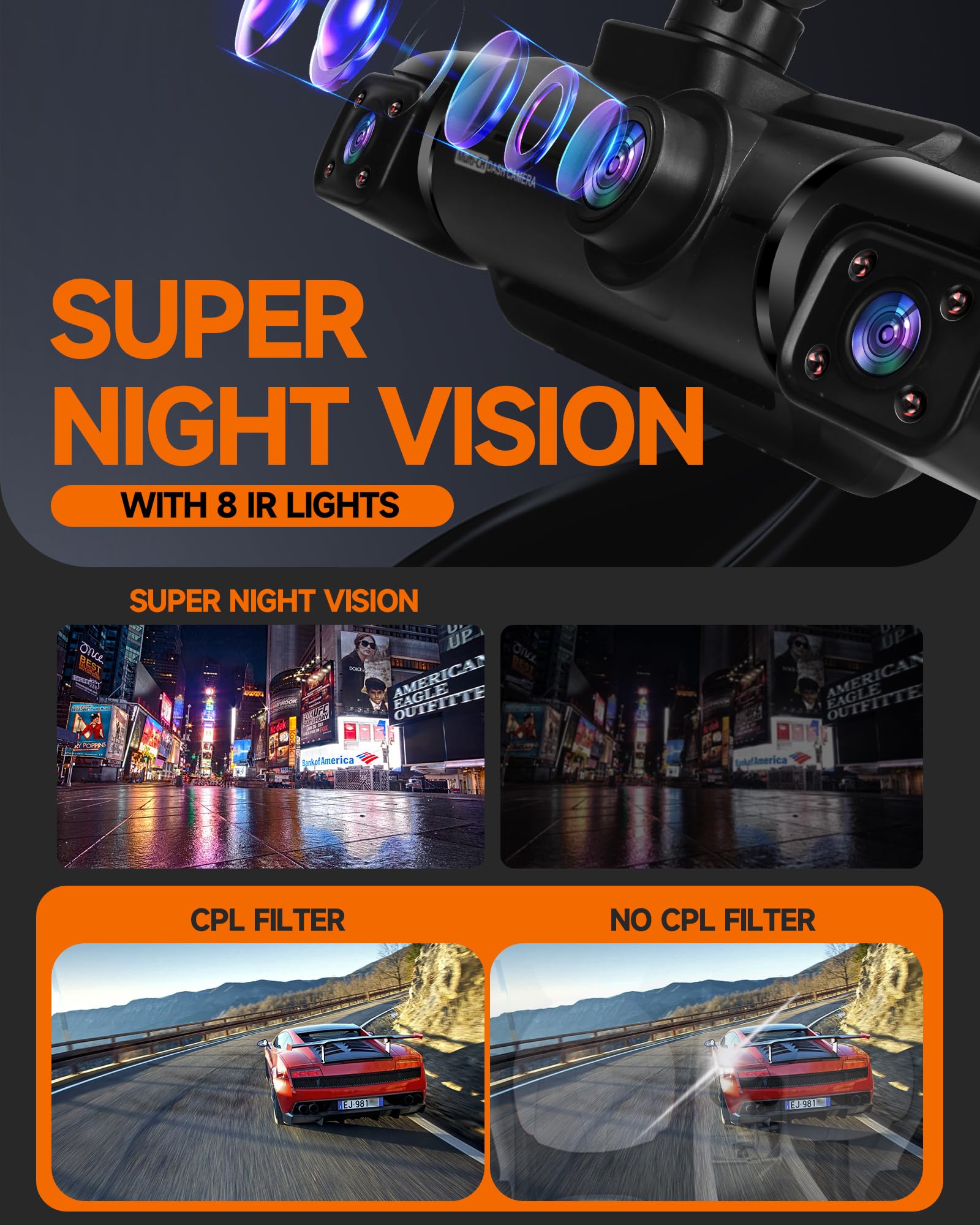 Neideso 360° Dash Cam Front, Rear and Inside, 4 Channel 3K+3*1080P, 5GHz Wi-Fi GPS, Voice Control, 4K+1080P*2 Dash Camera for Cars, CPL Filter, Free 64GB SD Card, Night Vision, 24H Parking Mode(N700)