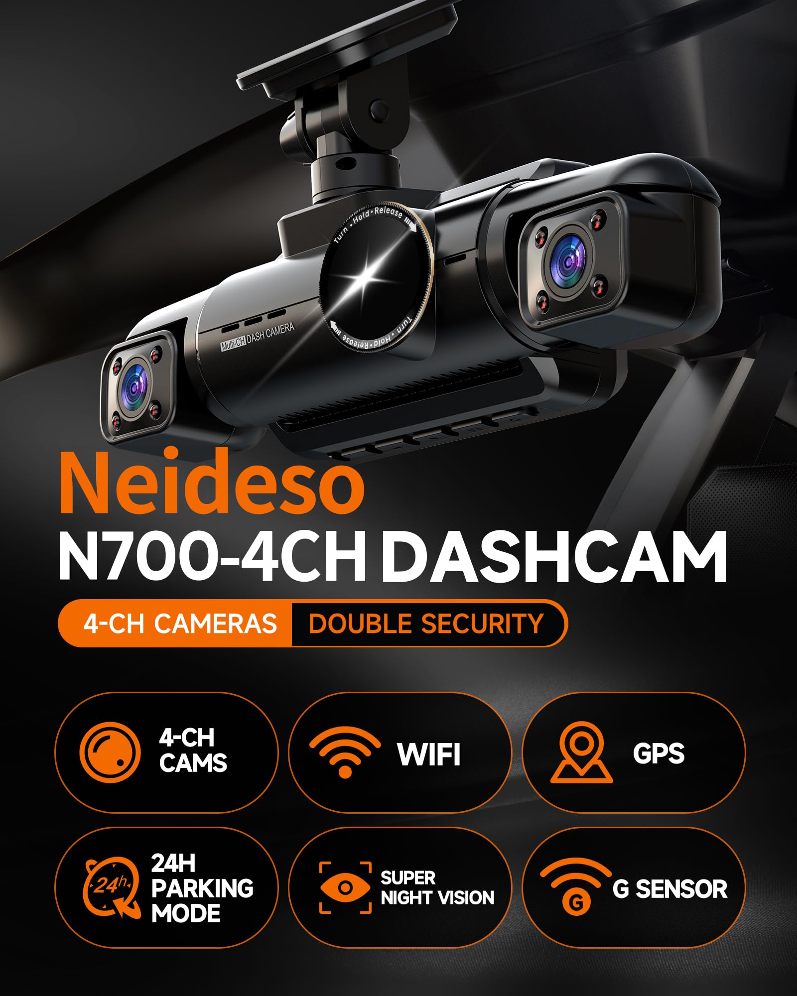 Neideso 360° Dash Cam Front, Rear and Inside, 4 Channel 3K+3*1080P, 5GHz Wi-Fi GPS, Voice Control, 4K+1080P*2 Dash Camera for Cars, CPL Filter, Free 64GB SD Card, Night Vision, 24H Parking Mode(N700)