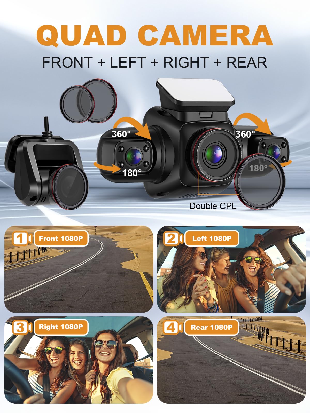 PRUVEEO Dash Cam, 4 Channel Camera FHD 1080Px4, Front Left Right and Rear, Front and Rear Inside, Built-in GPS WiFi, Polarizing Lens CPL Filter, Free 128GB Card, Double CPL