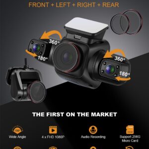 PRUVEEO Dash Cam, 4 Channel Camera FHD 1080Px4, Front Left Right and Rear, Front and Rear Inside, Built-in GPS WiFi, Polarizing Lens CPL Filter, Free 128GB Card, Double CPL