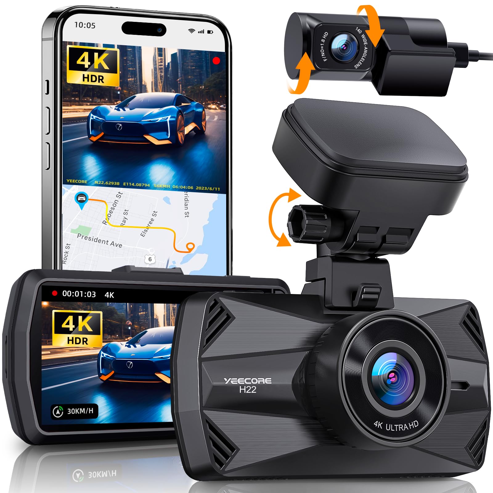 YEECORE Dual Dash Cam, Real 4K+1080P Front and Rear Dash Camera, Built-in WiFi GPS, 3" IPS Screen, HDR Night Vision, 24H Parking Monitor, 157°Wide Angle Dash Camera for Cars, Loop Recording (H22)