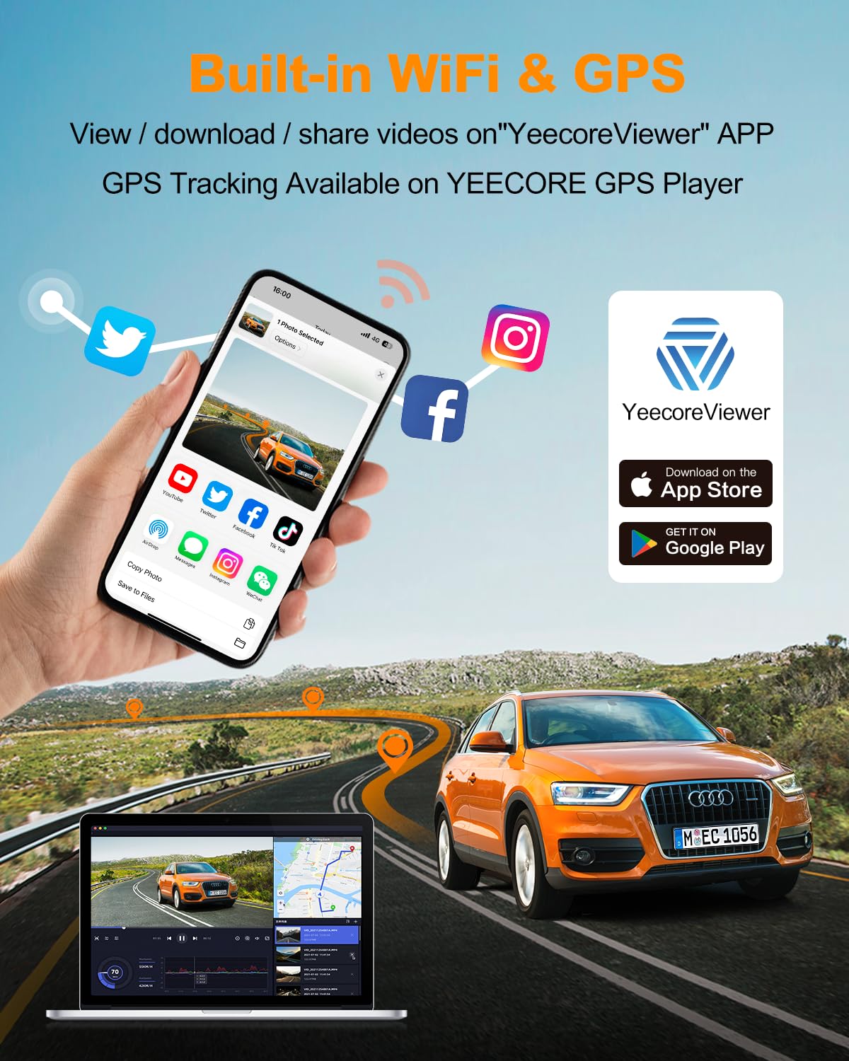 YEECORE Dual Dash Cam, Real 4K+1080P Front and Rear Dash Camera, Built-in WiFi GPS, 3" IPS Screen, HDR Night Vision, 24H Parking Monitor, 157°Wide Angle Dash Camera for Cars, Loop Recording (H22)