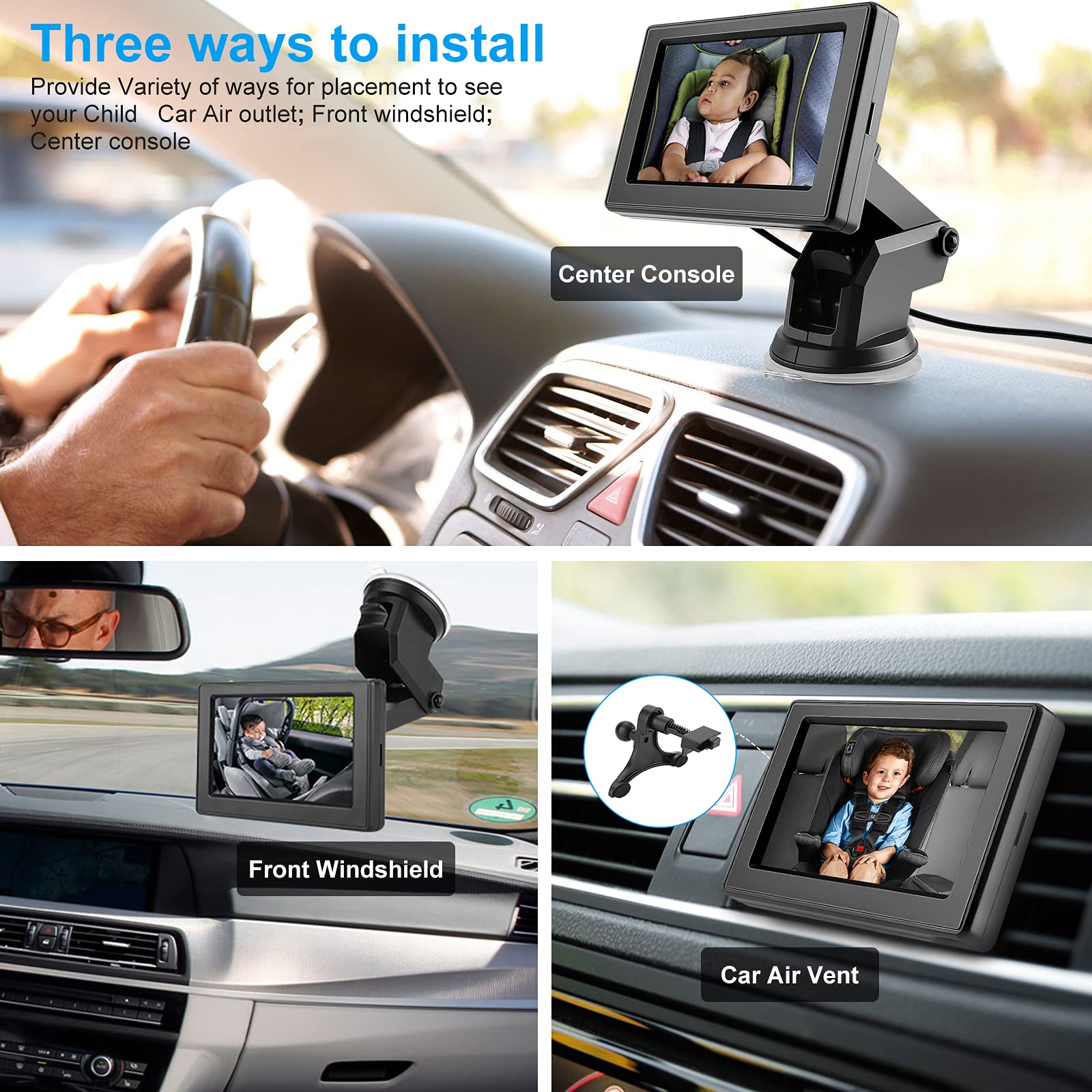 Baby Car Rear Mirror Camera, BackSeat Infant Car Camera with HD Night Vision 4.3 inches HD Mirror Display, Reusable Sucker Bracket, Upgraded 360 Degree Rotating Camera, Easily Watch Baby’s Move in Car