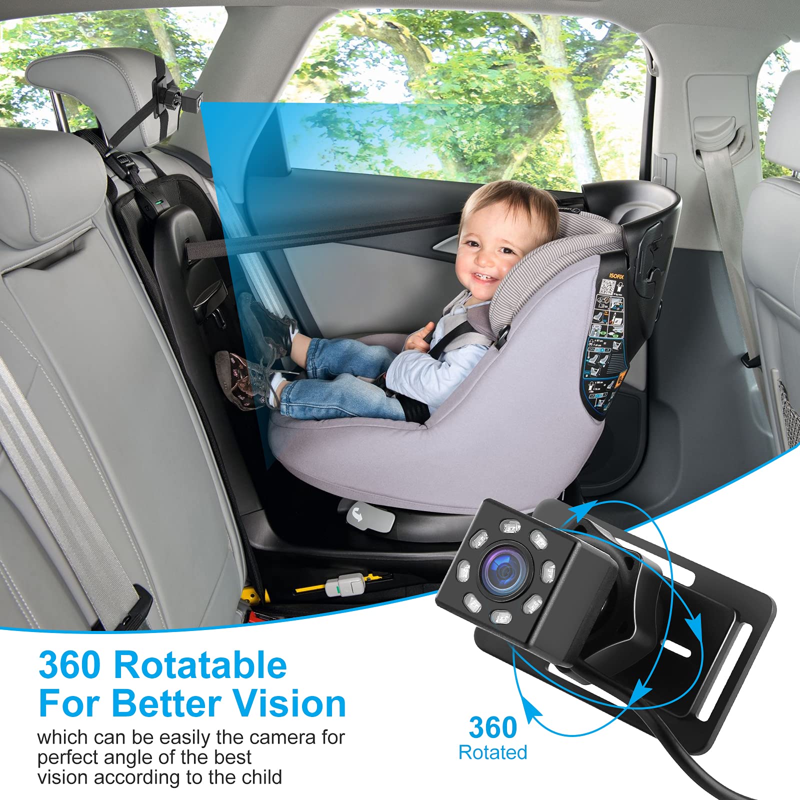 Baby Car Rear Mirror Camera, BackSeat Infant Car Camera with HD Night Vision 4.3 inches HD Mirror Display, Reusable Sucker Bracket, Upgraded 360 Degree Rotating Camera, Easily Watch Baby’s Move in Car