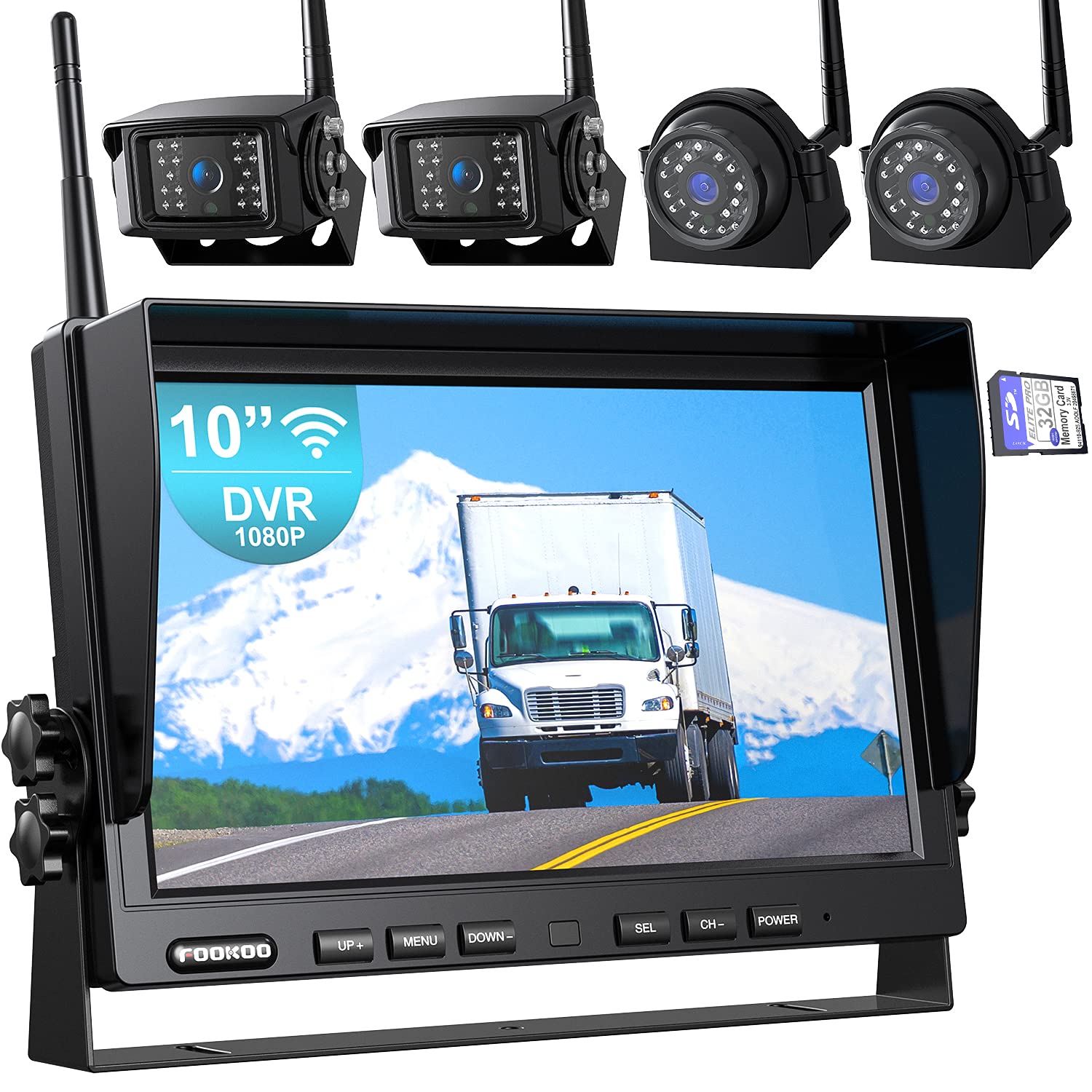 Fookoo HD 10" Wireless Backup Camera System, 1080P 10-inch Quad Split Monitor w/Recording, Waterproof Side & Rear View Cameras, 4 Channel, Digital Signal, Parking Lines for RV/Truck/Trailer (DW104)