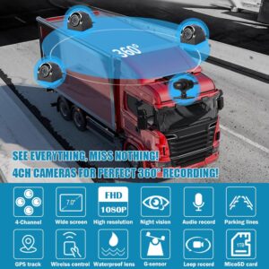 VSYSTO H7 4CH Truck Dash Camera 360 DVR Dash Cam Security Camera System Vehicle Backup Cameras 1080P Front Rear Side View 7.0'' Monitor w/GPS IR Night Vision for RV Semi Truck Trailer Tractor