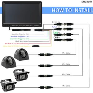 RV Backup Camera System with 7'' Quad Split 1080P Monitor for Truck Trailer Semi Camper Bus & 4 AHD Rear Side View Camera with DVR Record Function IP69 Waterproof Night Vision Avoid Blind Spot DOUXURY