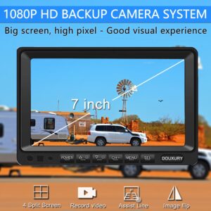 RV Backup Camera System with 7'' Quad Split 1080P Monitor for Truck Trailer Semi Camper Bus & 4 AHD Rear Side View Camera with DVR Record Function IP69 Waterproof Night Vision Avoid Blind Spot DOUXURY