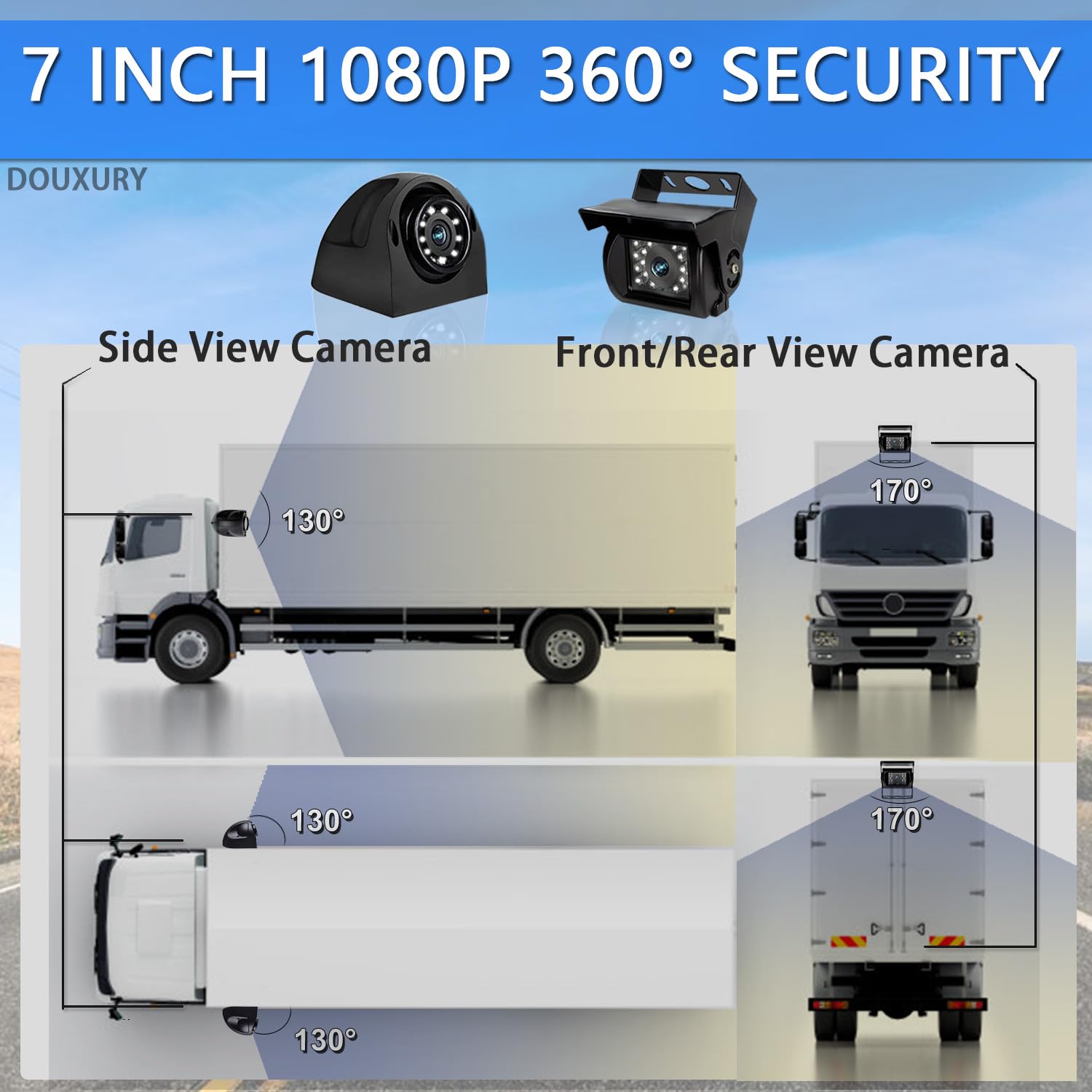 RV Backup Camera System with 7'' Quad Split 1080P Monitor for Truck Trailer Semi Camper Bus & 4 AHD Rear Side View Camera with DVR Record Function IP69 Waterproof Night Vision Avoid Blind Spot DOUXURY