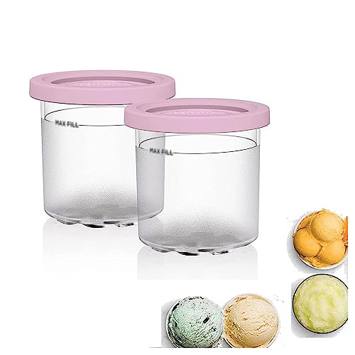 EVANEM 2/4/6PCS Creami Containers, for Ninja Creami Deluxe,16 OZ Pint Frozen Dessert Containers Reusable,Leaf-Proof Compatible with NC299AMZ,NC300s Series Ice Cream Makers,Pink-2PCS