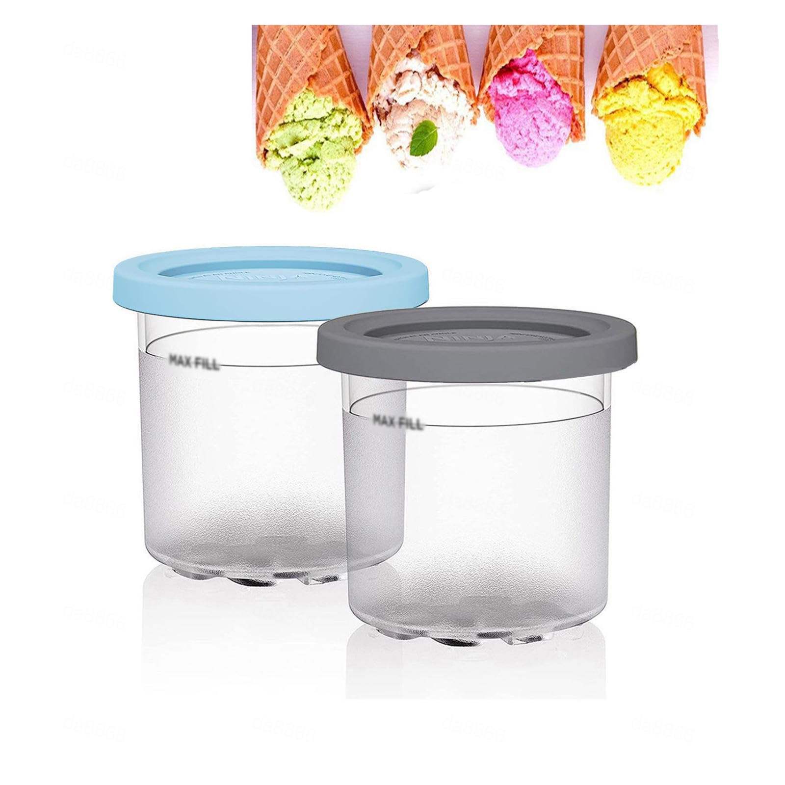 EVANEM 2/4/6PCS Creami Containers, for Ninja Creami Deluxe,16 OZ Icecream Container Airtight and Leaf-Proof for NC301 NC300 NC299AM Series Ice Cream Maker,Gray+Blue-2PCS
