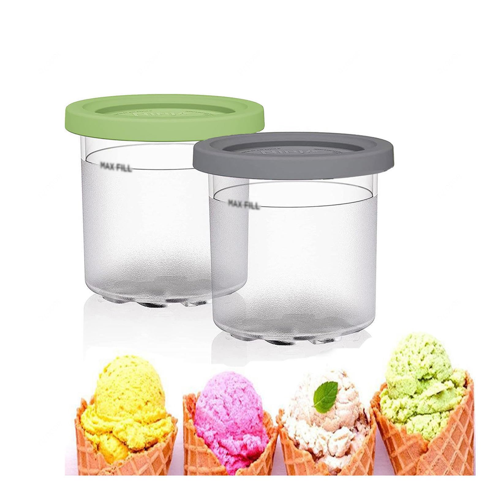 2/4/6PCS Creami Deluxe Pints , for Creami Ninja Ice Cream Deluxe ,16 OZ Ice Cream Containers For Freezer Reusable,Leaf-Proof Compatible NC301 NC300 NC299AMZ Series Ice Cream Maker ,Gray+Green-4PCS