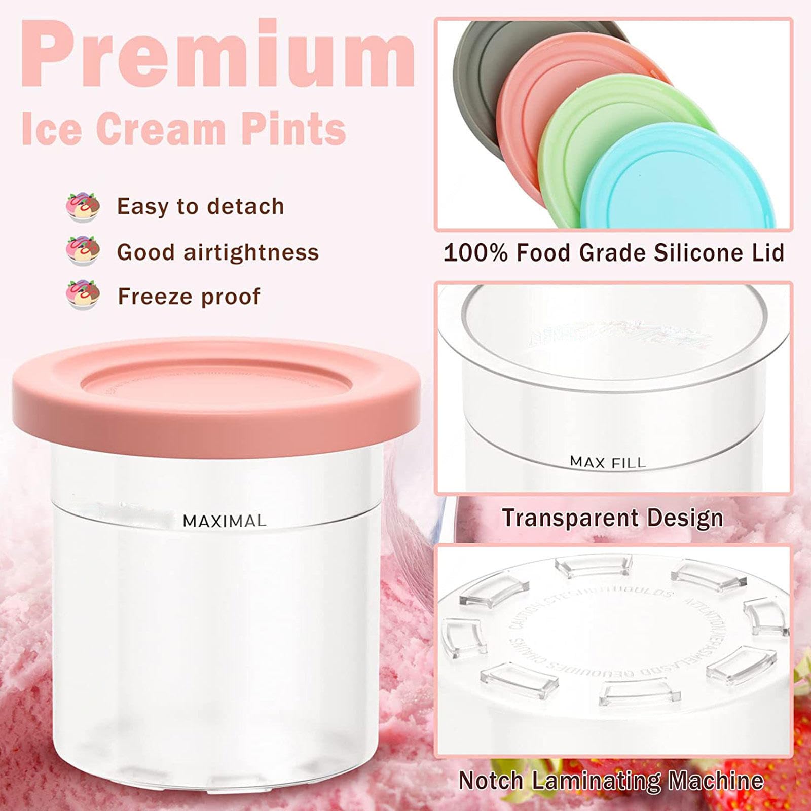2/4/6PCS Creami Deluxe Pints , for Creami Ninja Ice Cream Deluxe ,16 OZ Ice Cream Containers For Freezer Reusable,Leaf-Proof Compatible NC301 NC300 NC299AMZ Series Ice Cream Maker ,Gray+Green-4PCS