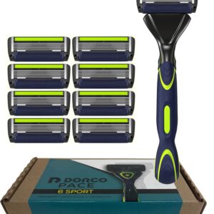 DORCO Pace 6 Sport System - Six Blade Razor System with Trimmer and Pivoting Head - 9 Pack (1 Handle + 9 Cartridges)