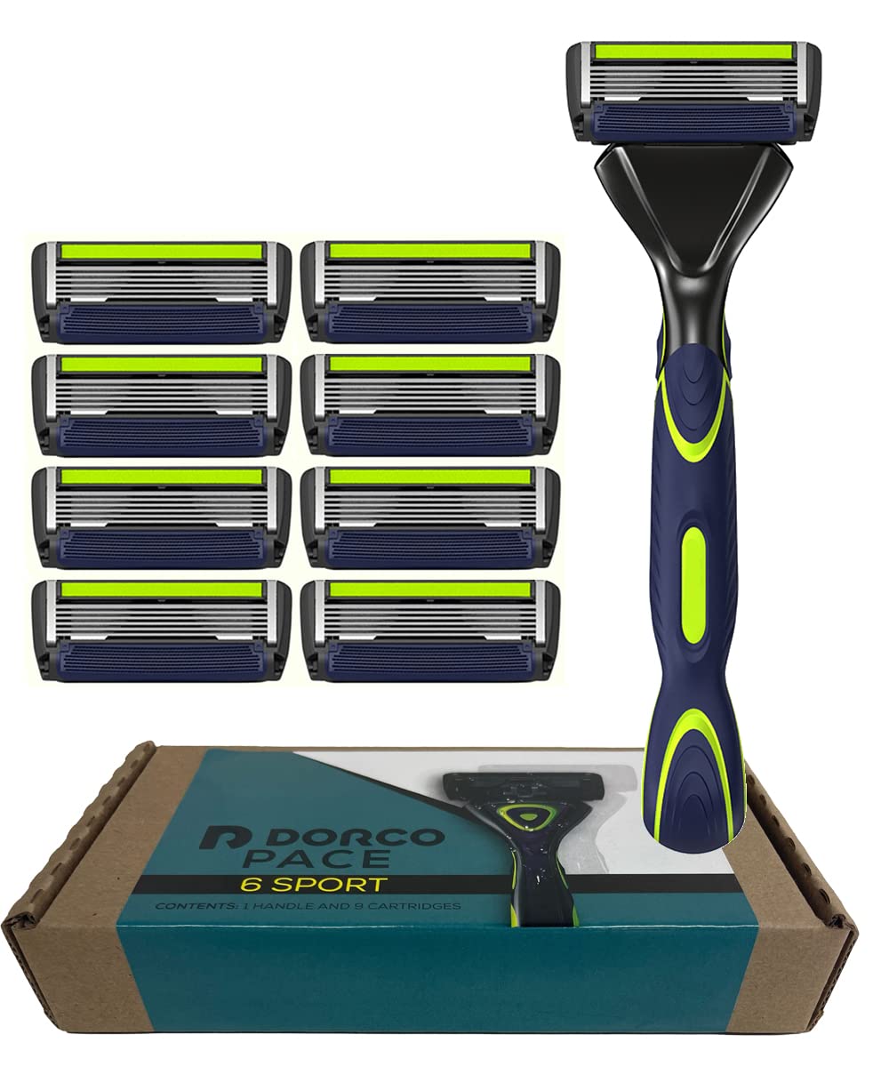 DORCO Pace 6 Sport System - Six Blade Razor System with Trimmer and Pivoting Head - 9 Pack (1 Handle + 9 Cartridges)