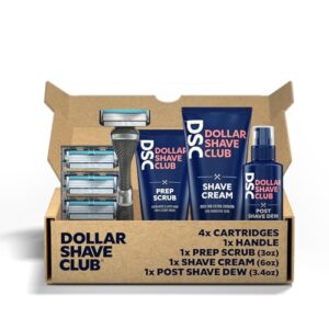 dollar shave club | 4-blade ultimate shave bundle | diamond grip club series razor handle, 4-blade razor cartridges, prep scrub 3oz, shave cream 6oz, post shave dew 3.4oz