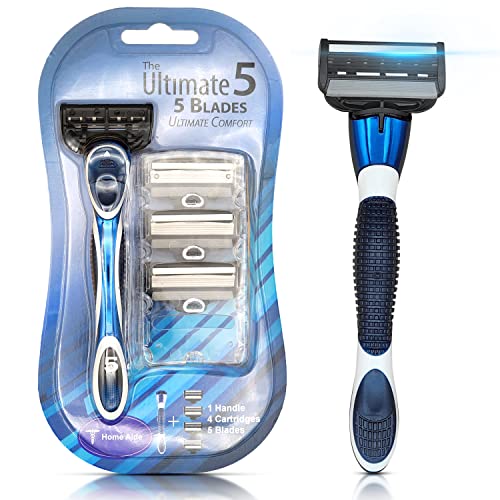 The Ultimate 5 Razors for Men – Premium Shaving Razors for Men with 5 Razor Blades – Exfoliating Bar and Aloe Vera Infused Lubricant – Removable Face Razor Head with Sharp Flexible Blades