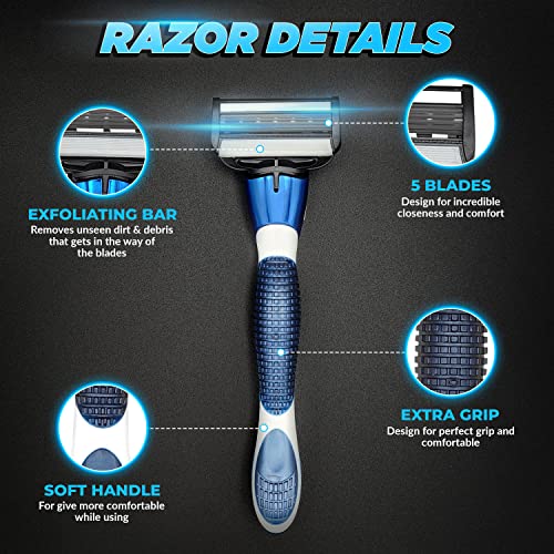 The Ultimate 5 Razors for Men – Premium Shaving Razors for Men with 5 Razor Blades – Exfoliating Bar and Aloe Vera Infused Lubricant – Removable Face Razor Head with Sharp Flexible Blades