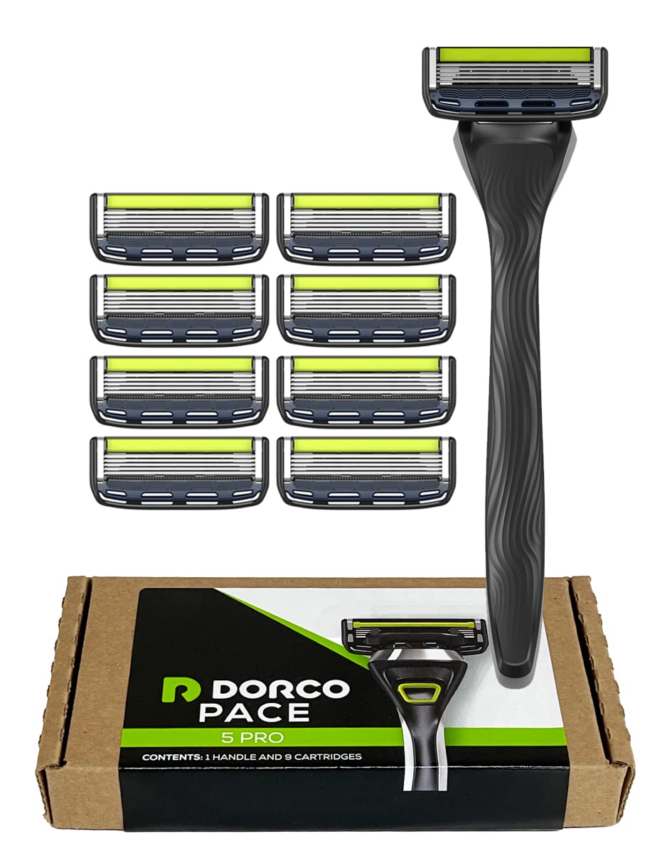 Dorco Pace 5 Pro Razors- Shaving System For Men with Trimmer - 1 Handle + 9 Cartridge Set