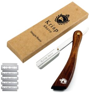 Professional Straight Edge Shaving Razor Safety - Krisp Beauty Natural Wood Handle Wet Shave Manual Shavette Razor For Men Barber Salon Quality Stainless Steel with 5 Double Edge Shaving Blades