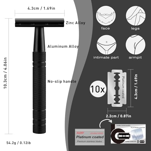 Matte Black Double Edge Safety Razor for Men, with 10 Platinum Coated Double Edge Safety Razor Blades, Single Blade Razor for Men Shaving, Reusable Travel Essentials Women Razor