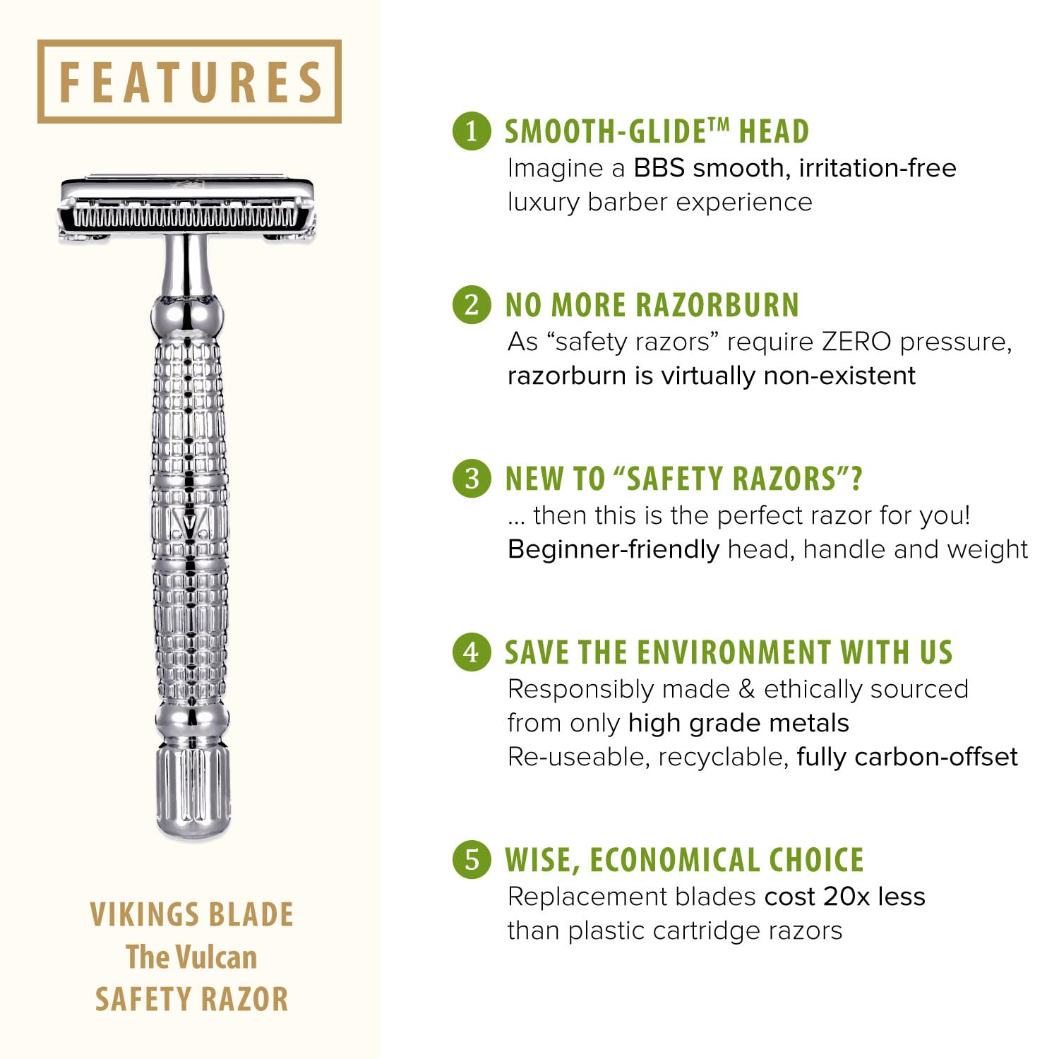 VIKINGS BLADE Double Edge Safety Razor for Men + 5 Swedish Steel Blades + Luxury Case. Long Handle. Smooth, Reusable, Eco-Friendly (The Vulcan)