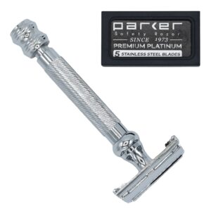 Parker 99R Chrome Long Handle Heavyweight Butterfly Open Double Edge Safety Razor for Men, 5 Parker Premium Platinum Double Edge Razor Blades Included