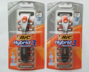 bic hybrid 3 comfort men's disposable razor, 1 handle 6 cartridges (2 pack)