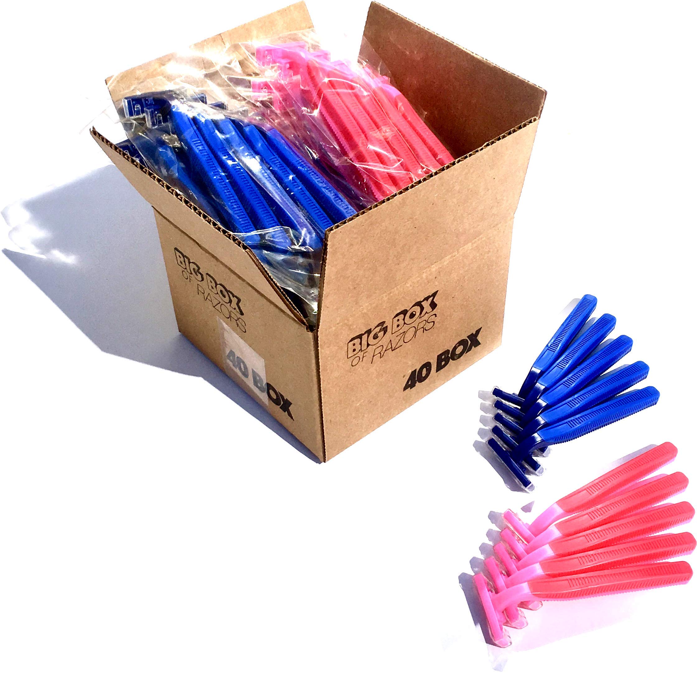 40 Box Combo of Blue and Pink Razor Blades Disposable Stainless Steel Hospitality Quality Shavers High End Twin Blade Razors for Men and Women with Aloe Vera Lubrication Strip