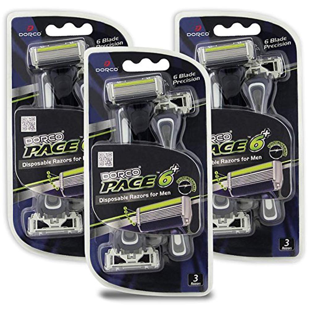 Dorco Pace 6 Plus - Six Blade Disposable Razors with Trimmer - Value Pack (9 Disposable Razors)