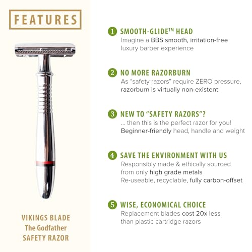 VIKINGS BLADE Double Edge Safety Razor for Men + 5 Swedish Steel Blades + Luxury Case. Classic 3-Piece. Reusable, Eco-Friendly (The Godfather)