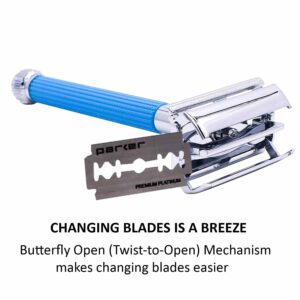 Parker 29L Blue, Long Handle Butterfly Open Double Edge Safety Razor for Men & Women, 5 Parker Premium Platinum Double Edge Razor Blades Included