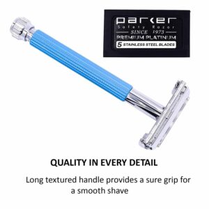 Parker 29L Blue, Long Handle Butterfly Open Double Edge Safety Razor for Men & Women, 5 Parker Premium Platinum Double Edge Razor Blades Included