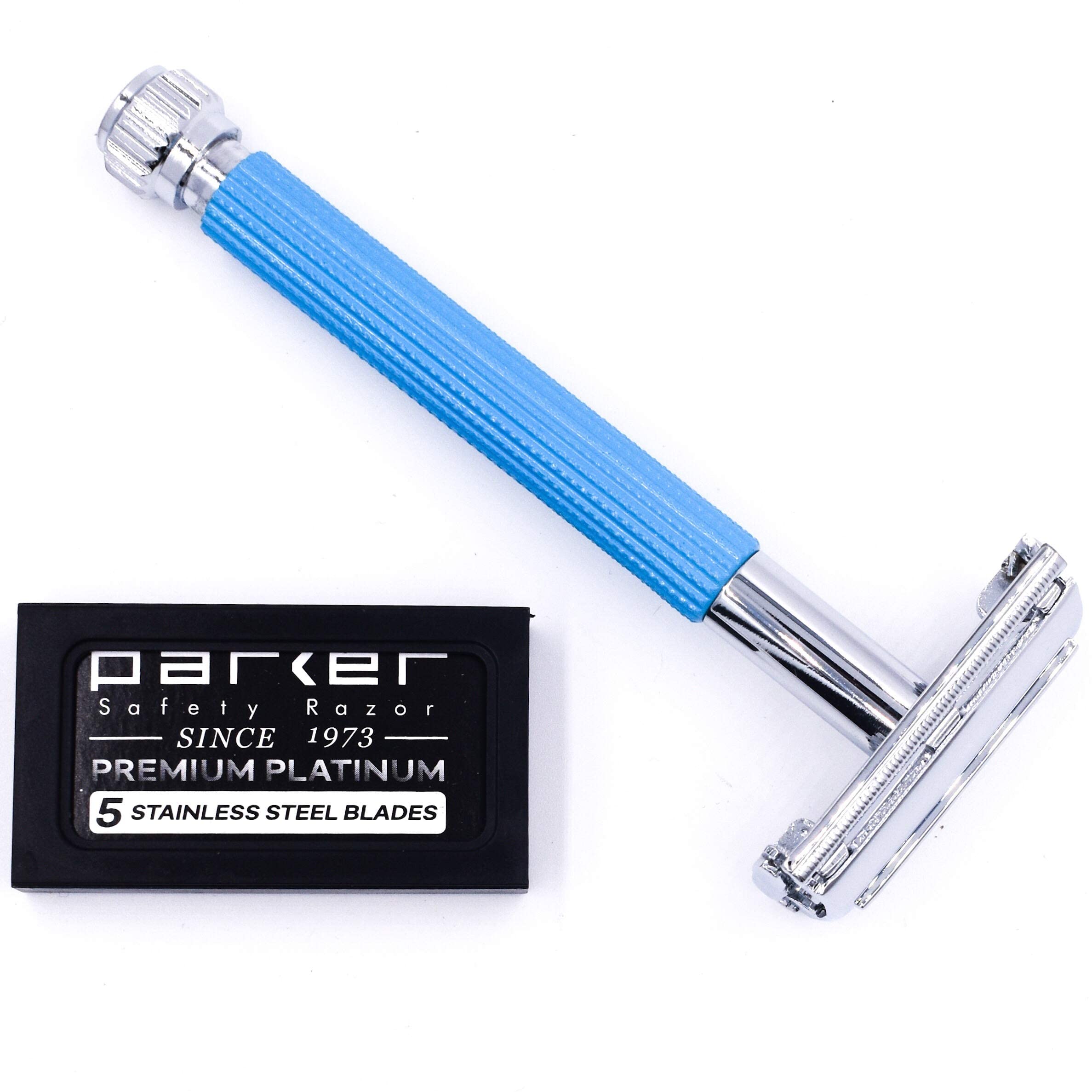 Parker 29L Blue, Long Handle Butterfly Open Double Edge Safety Razor for Men & Women, 5 Parker Premium Platinum Double Edge Razor Blades Included