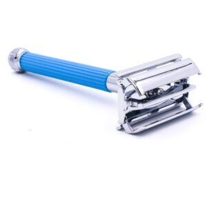 Parker 29L Blue, Long Handle Butterfly Open Double Edge Safety Razor for Men & Women, 5 Parker Premium Platinum Double Edge Razor Blades Included