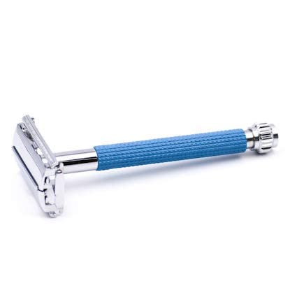 Parker 29L Blue, Long Handle Butterfly Open Double Edge Safety Razor for Men & Women, 5 Parker Premium Platinum Double Edge Razor Blades Included