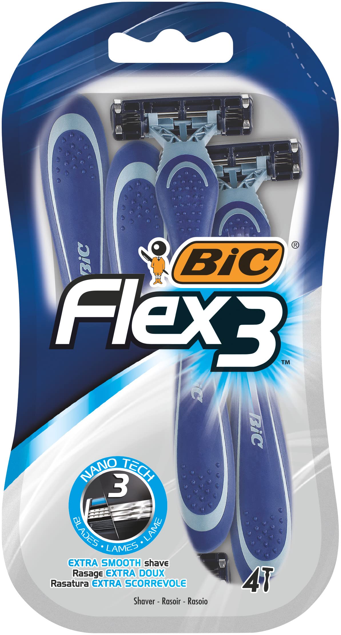 BIC Flex 3, Triple Blade Razor Blades for Men, with Moving Blade Heads for a Close and Soft Shave, Pack of 4